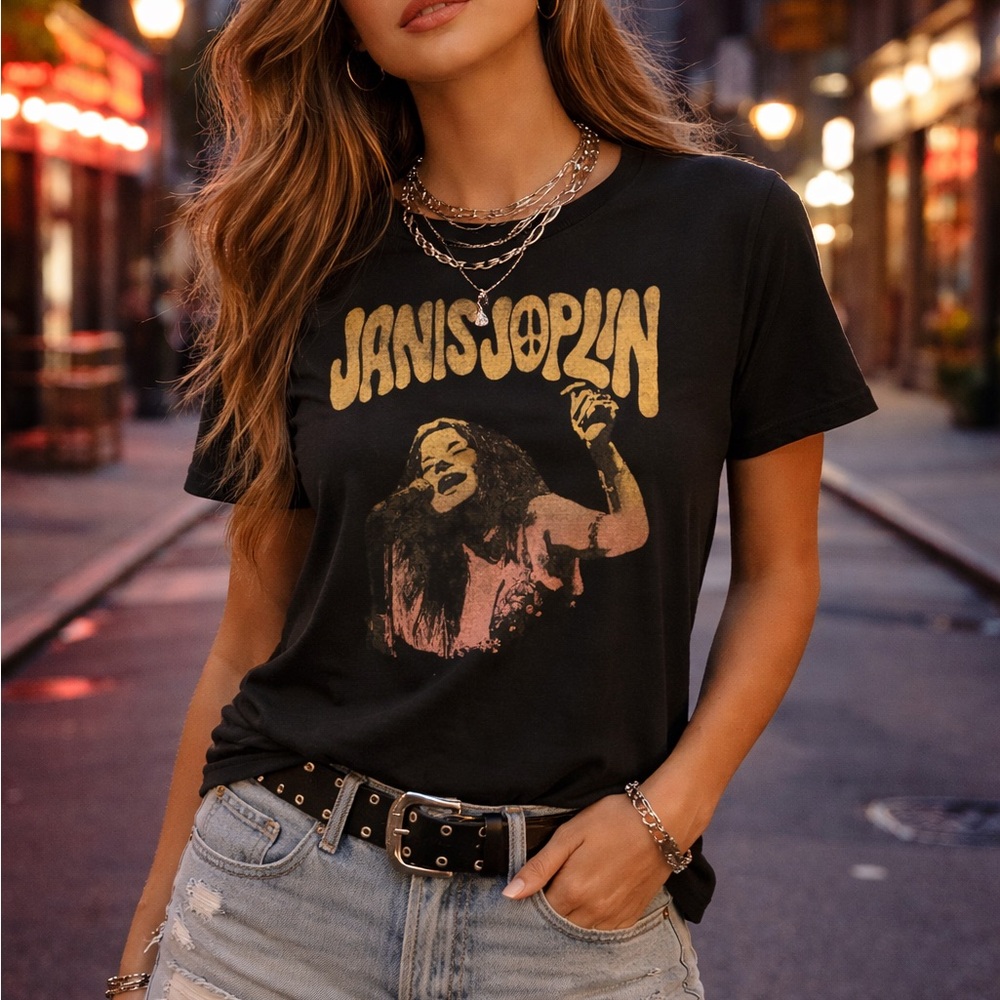 Janis Joplin Graphic Tee Women Medium Maurices Black Vintage Style Band T-Shirt!
